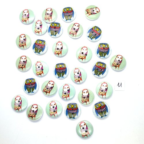 30 boutons en bois fantaisie - chouette multicolore - 18mm - 11