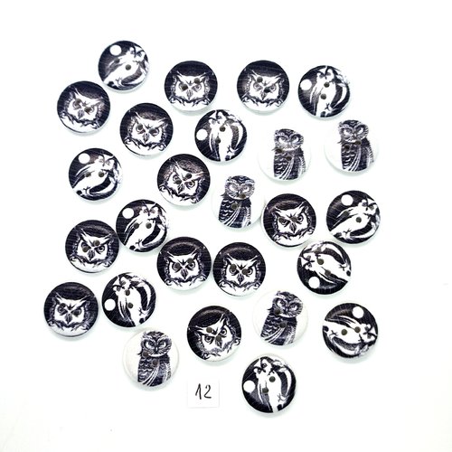 26 boutons en bois fantaisie - chouette noir et blanc - 18mm - 12