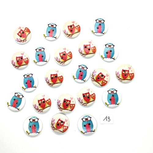 22 boutons en bois fantaisie - chouette multicolore - 18mm - 13