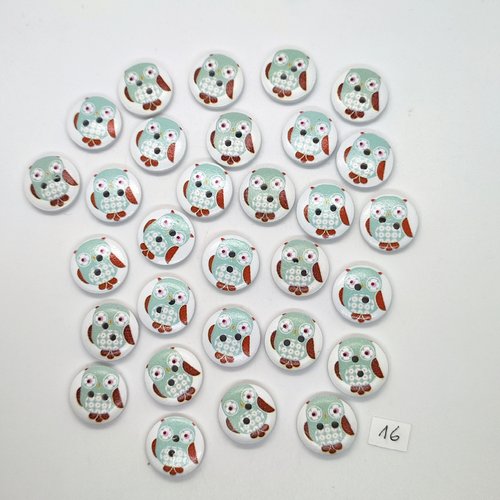 30 boutons en bois fantaisie - chouette vert d'eau et marron - 18mm - 16