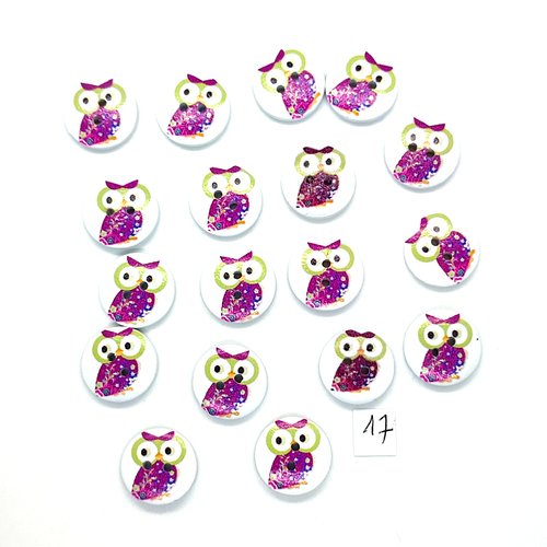 18 boutons en bois fantaisie - chouette lilas et fond blanc - 18mm - 17