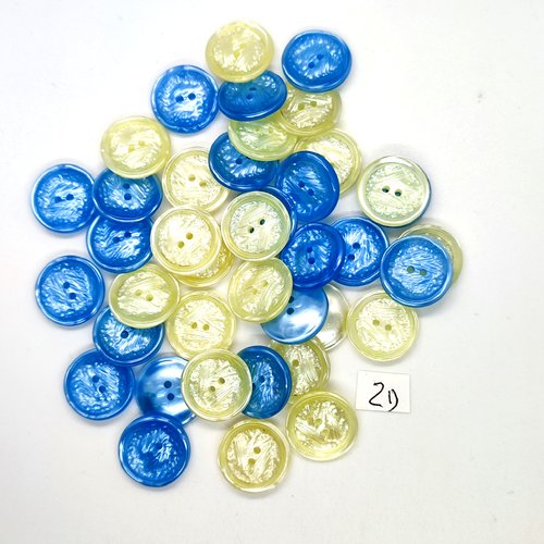 40 boutons en résine bleu et jaune - 18mm - 2d