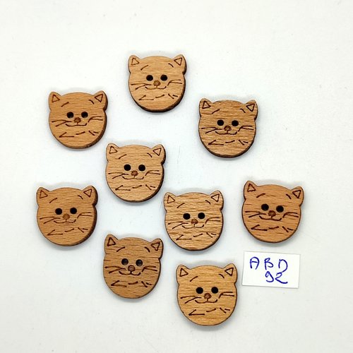 9 boutons fantaisie en bois marron (tete de chat) 18x18mm - abd92