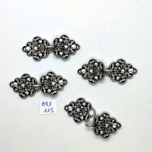 4 boutons brandebourg en métal argenté - 20x50mm - abd115