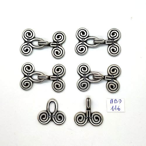 5 boutons brandebourg en métal argenté - 24x40mm - abd116