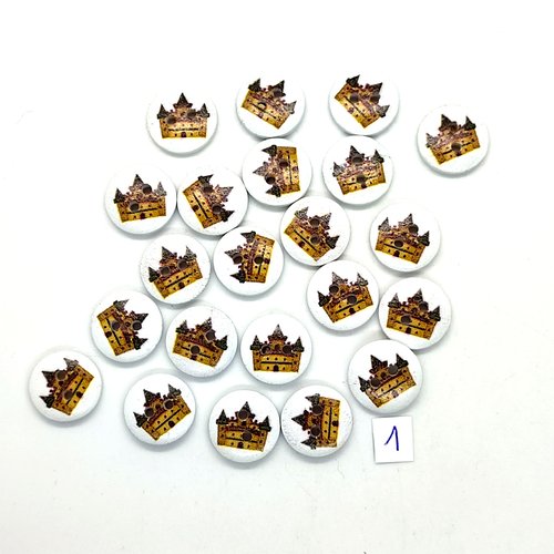 22 boutons en bois fantaisie marron fond blanc (chateau) - 15mm - 1