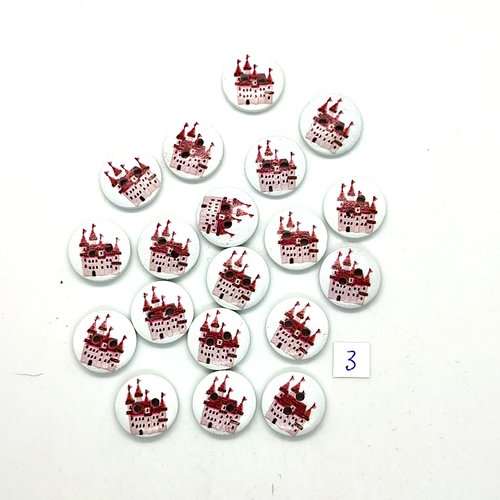 19 boutons en bois fantaisie bordeaux et fond blanc (chateau) - 15mm - 3