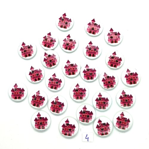 26 boutons en bois fantaisie bordeaux et fond blanc (chateau) - 15mm - 4