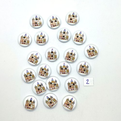 21 boutons en bois fantaisie multicolore et fond blanc (chateau) - 15mm - 2