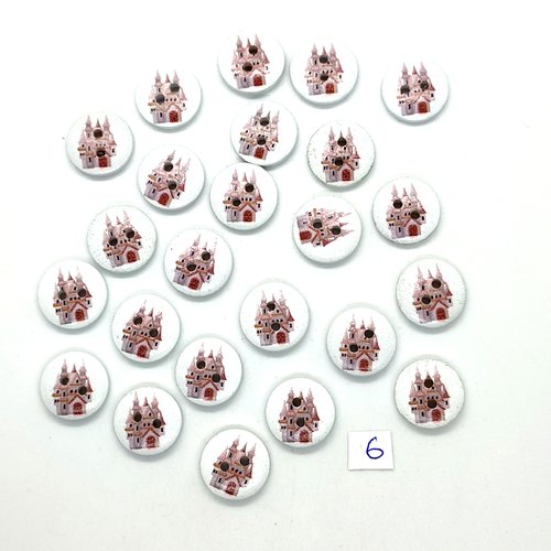 24 boutons en bois fantaisie rose et fond blanc (chateau) - 15mm - 6