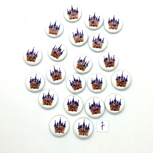 21 boutons en bois fantaisie marron et bleu et fond blanc (chateau) - 15mm - 7