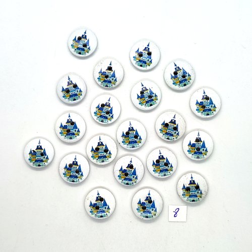 20 boutons en bois fantaisie bleu et fond blanc (chateau) - 15mm - 8