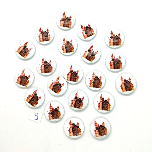 20 boutons en bois fantaisie marron et fond blanc (chateau) - 15mm - 9