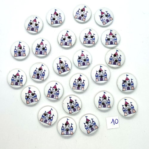 25 boutons en bois fantaisie bleu et fond blanc (chateau) - 15mm - 10