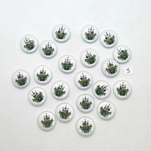 20 boutons en bois fantaisie vert et fond blanc (chateau) - 15mm - 5