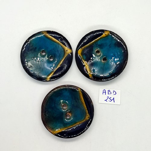 3 boutons en résine bleu - doré er noir - 40mm - abd251