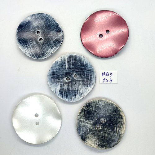 5 boutons en résine gris blanc cassé et rose - 48mm - abd253