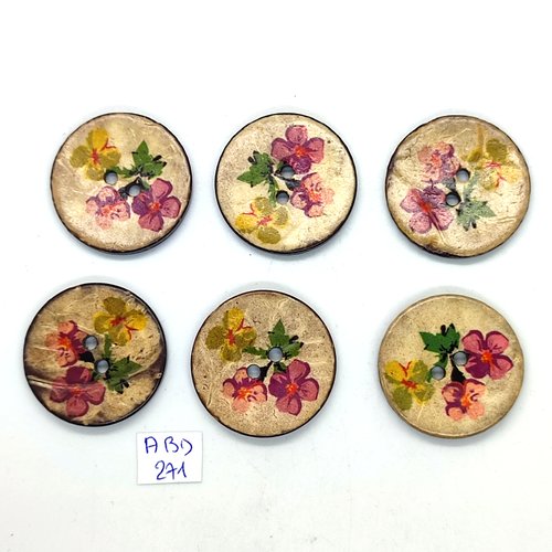 5 boutons en coco multicolore (fleur) - 30mm - abd271