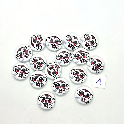 16 boutons en bois fantaisie marron et fond blanc (tete de singe) - 15mm - 1