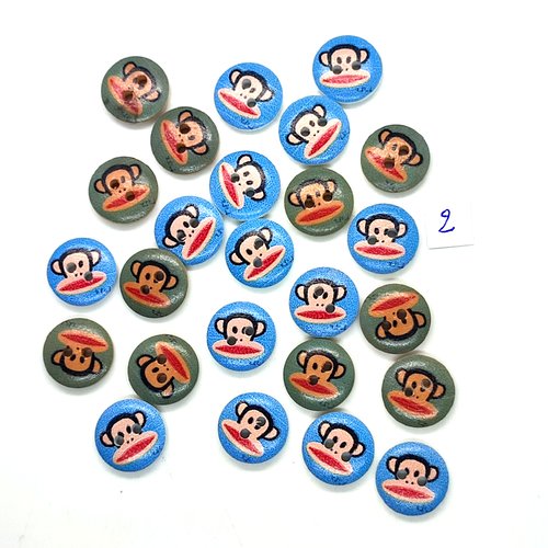 25 boutons en bois fantaisie multicolore  (tete de singe) - 15mm - 2