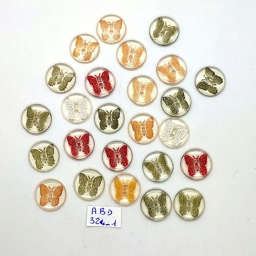25 boutons fantaisie en résine transparent et multicolore (papillon) - 15mm - abd324-1