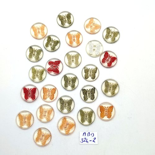 25 boutons fantaisie en résine transparent et multicolore (papillon) - 15mm - abd324-2