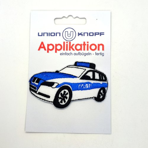 1 thermocollant / écusson à coudre - une voiture blanc et bleu - 7,5x3,5cm
