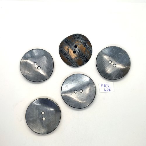 5 boutons en métal argenté et marron - vintage - 40mm - abd418
