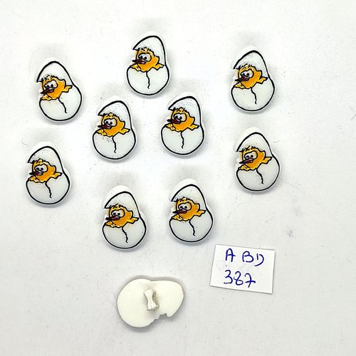 10 boutons fantaisie en résine jaune et blanc (oeuf avec poussin) - 12x18mm - abd387