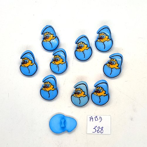 10 boutons fantaisie en résine bleu et jaune (oeuf avec poussin) - 12x18mm - abd388