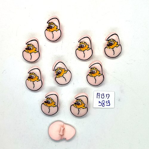 10 boutons fantaisie en résine rose et jaune (oeuf avec poussin) - 12x18mm  - abd389