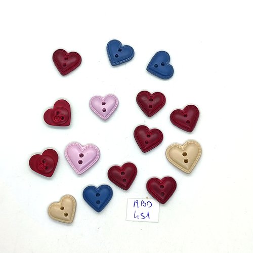 15 boutons fantaisie en résine multicolore (coeur) - 13mm et 15mm -  abd451