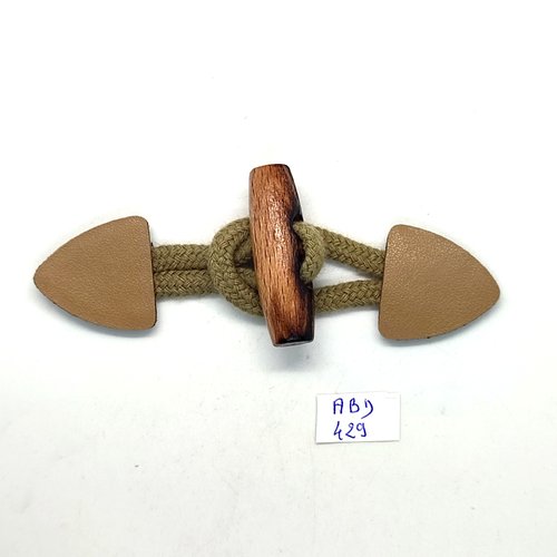 1 bouton brandebourg en cuir beige et bois - 11cm fermé - abd429
