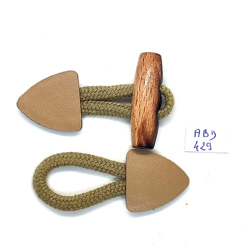 1 bouton brandebourg en cuir et bois beige - 10,5cm fermé - abd428