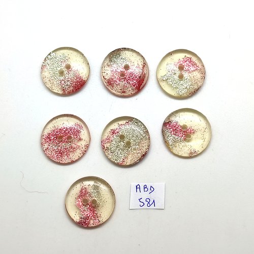 7 boutons en résine rose et transparent pailleté - 22mm - abd581