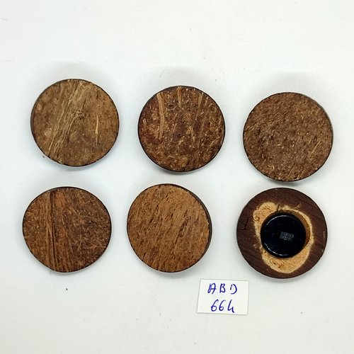 6 boutons en bois marron et résine noir dessous - 30mm - abd664