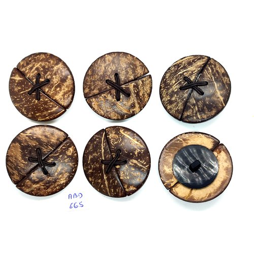 6 boutons en bois marron et résine noir dessous - 45mm - abd665