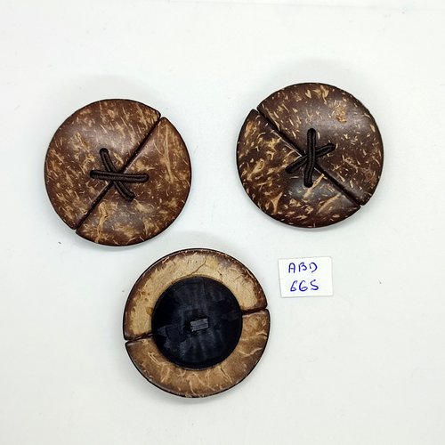 3 boutons en bois marron et résine noir dessous - 45mm - abd665