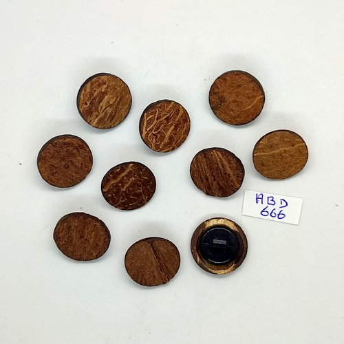 10 boutons en bois marron et résine noir dessous - 18mm - abd666