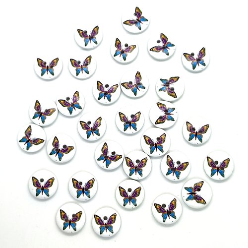 30 boutons en bois fantaisie multicolore  (papillon) - 15mm