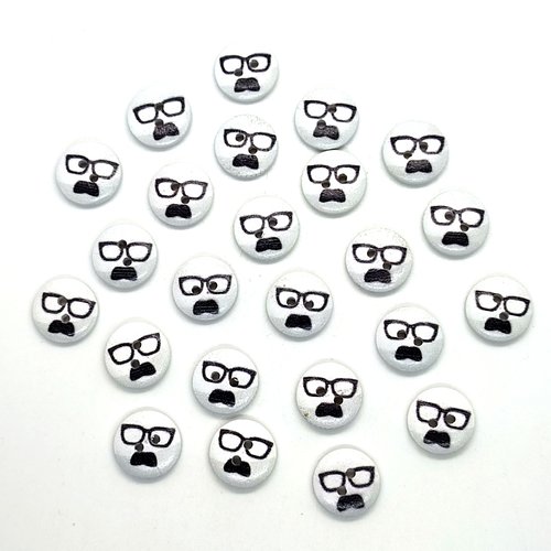 24 boutons en bois fantaisie lunette et moustache noir - 15mm