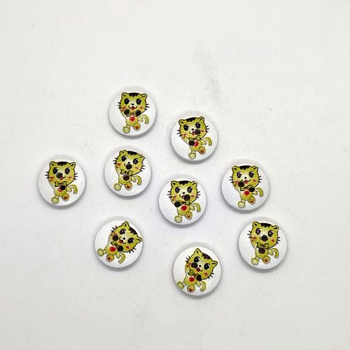 9 boutons en bois fantaisie chat vert - 15mm