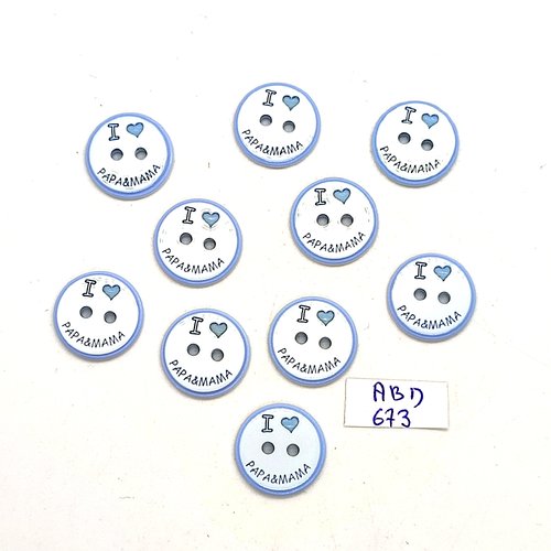 10 boutons fantaisie en résine bleu et blanc (papa et maman) - 15mm - abd673