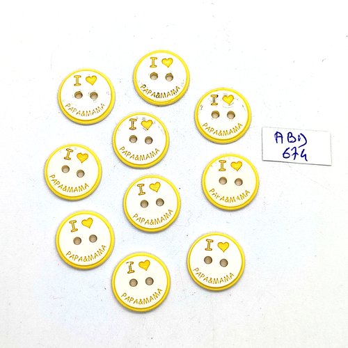 10 boutons fantaisie en résine jaune et blanc (papa et maman) - 15mm - abd674
