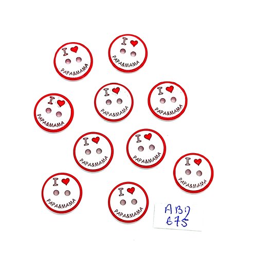 10 boutons fantaisie en résine rouge et blanc (papa et maman) - 15mm - abd675