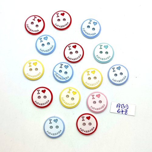 15 boutons fantaisie en résine multicolore et blanc (papa et maman) - 15mm - abd678