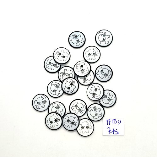 20 boutons fantaisie en résine noir et blanc (éléphant) - 12mm - abd715