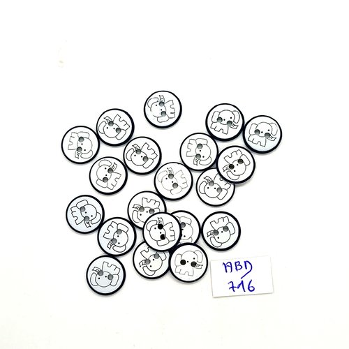 20 boutons fantaisie en résine bleu marine et blanc (éléphant) - 12mm - abd716