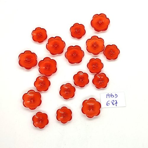 18 boutons en résine rouge - fleur - 14mm et 12mm - abd687