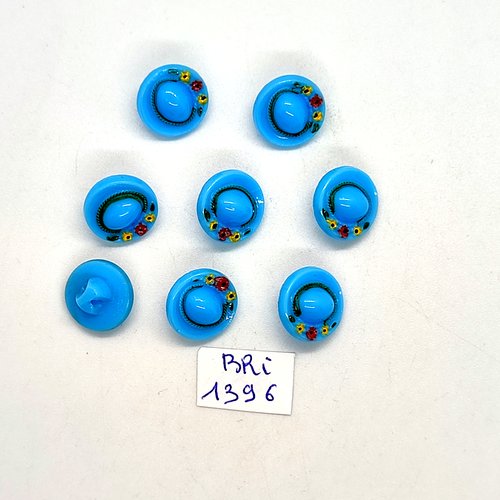 8 boutons fantaisie en verre bleu et multicolore (chapeau) - 13mm - bri1396